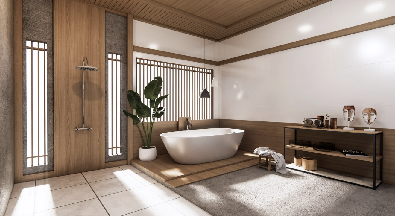 Modernisiertes Badezimmer mit Badewanne und Holzdetails